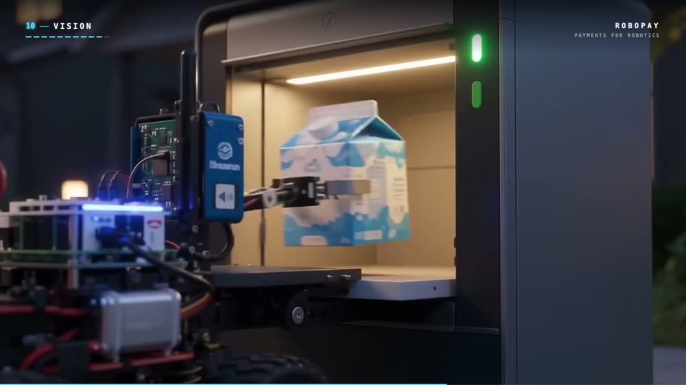 Vision: a delivery car hands a milk carton into a smart letterbox